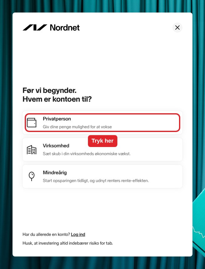 Nordnets vindue Før vi begynder. Hvem er kontoen til? Valget Privatperson er markeret med en rød ramme.