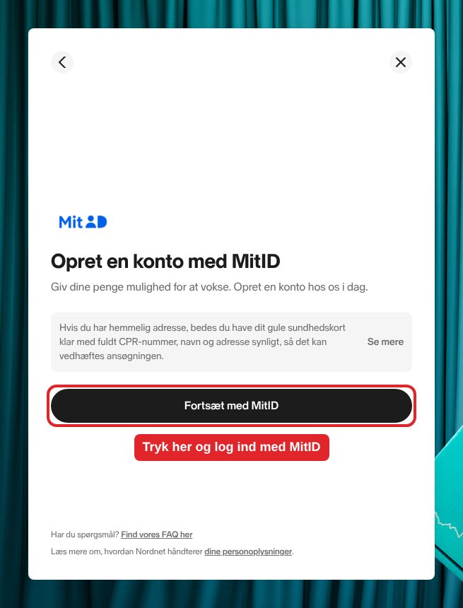 Nordnets vindue Opret en konto med MitID. Den sorte knap Fortsæt med MitID er markeret med en rød ramme.