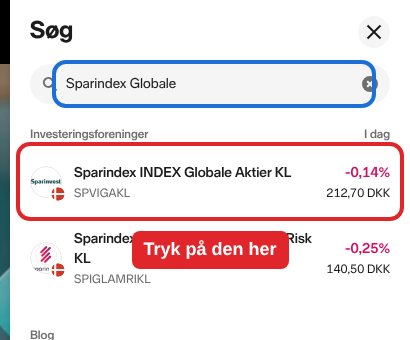 Nordnets søgefelt med teksten Sparindex Globale. Det øverste resultat, Sparindex INDEX Globale Aktier KL med koden SPVIGAKL, er markeret med en rød ramme.