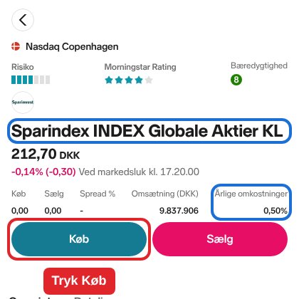 Fondens side på Nordnet. Navnet Sparindex INDEX Globale Aktier KL og feltet Årlige omkostninger 0,50 % er markeret med blå rammer. Knappen Køb er markeret med en rød ramme.