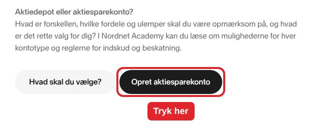 Udsnit af Nordnets side om aktiesparekontoen. Den sorte knap Opret aktiesparekonto er markeret med en rød ramme.
