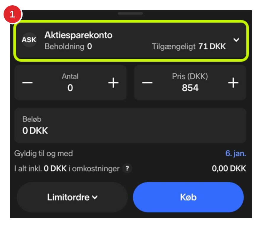 Toppen af Nordnets købsvindue, hvor kontoen Aktiesparekonto med mærket ASK er valgt og markeret.