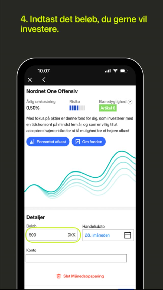 Redigering af månedsopsparingen i Nordnets app. Feltet Beløb er markeret.